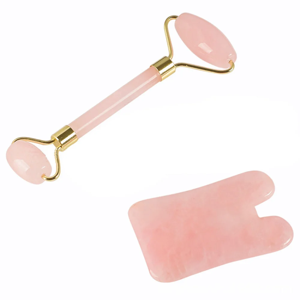 2Pcs Natural Jade Facial Massage Rose Quartz Roller Face Massager Double-head Roller Scrapping Set Skin Massage Beauty Care Set (Concave Scrapping Plate)