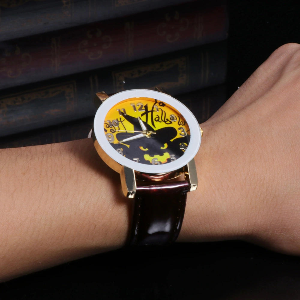 Halloween Theme Pumpkin Lantern Pattern Women Quartz Wrist Watch Festival Belt Watch (Brown)