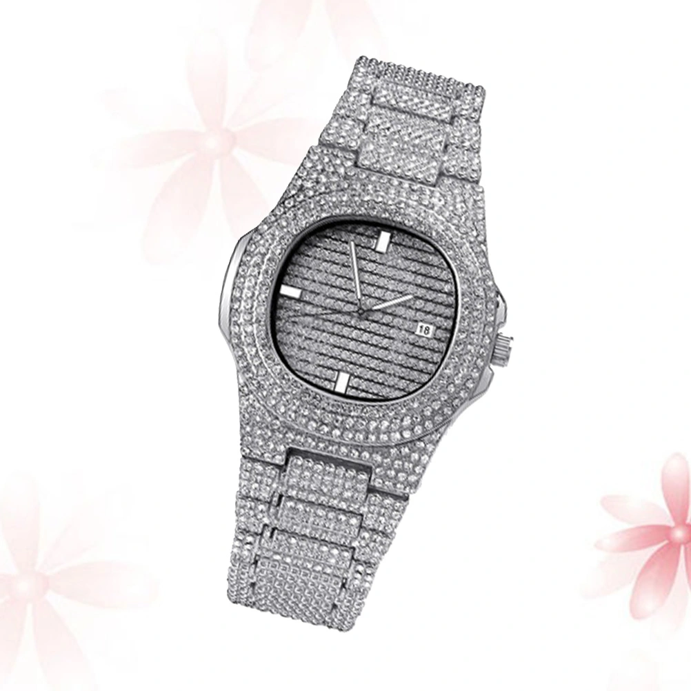 Male Zircon Watch Band Rhinestone Watch Fashion Quartz Watch Hippop Wrist Watch Silver
