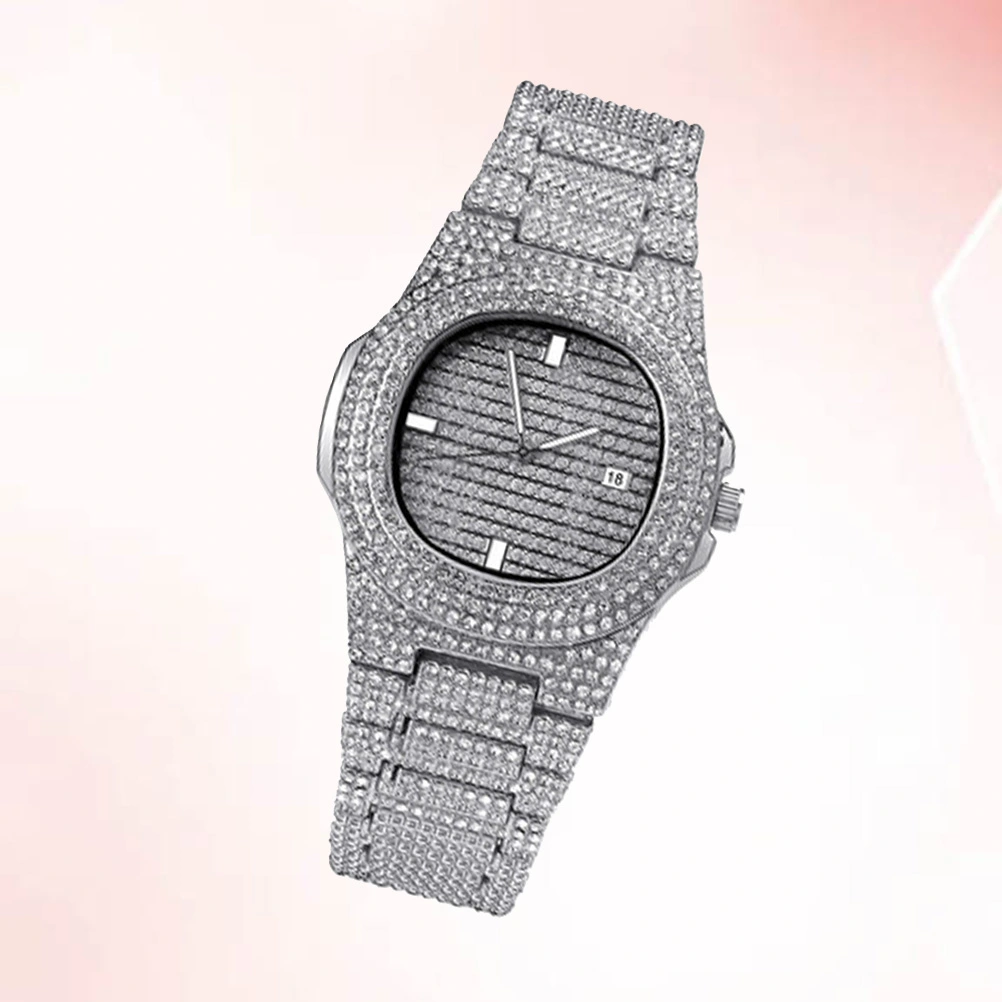 Male Zircon Watch Band Rhinestone Watch Fashion Quartz Watch Hippop Wrist Watch Silver