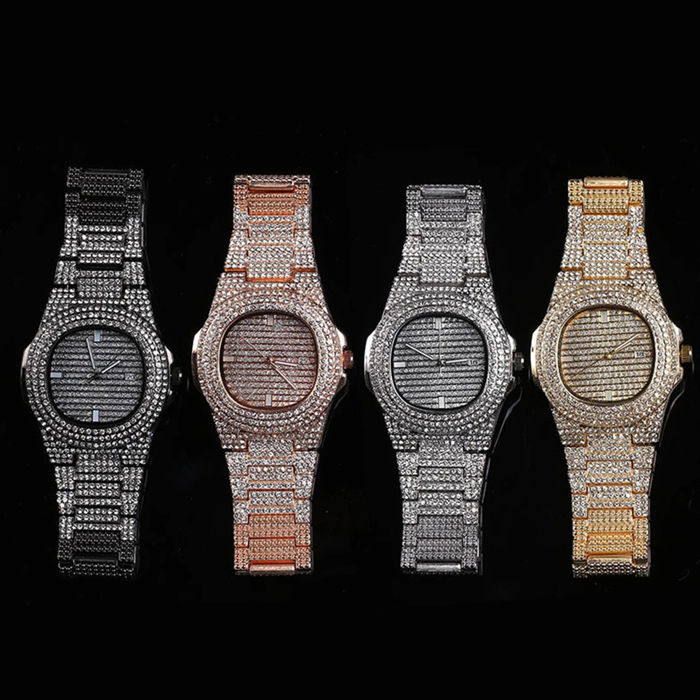 Male Zircon Watch Band Rhinestone Watch Fashion Quartz Watch Hippop Wrist Watch Silver