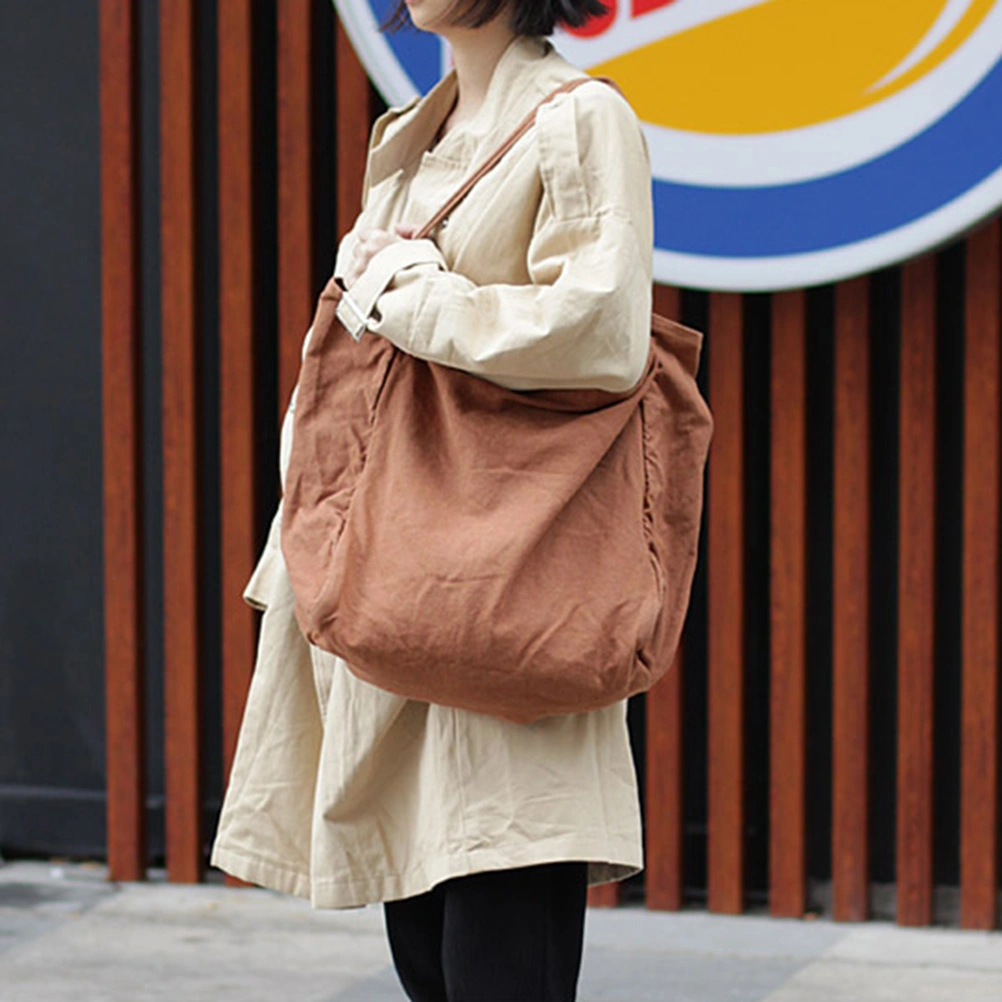 Fashion Pure Color Canvas Bag Large Capacity Literary Shoulder Bag Simple Handbag Casual Shopping Bag (Brown)
