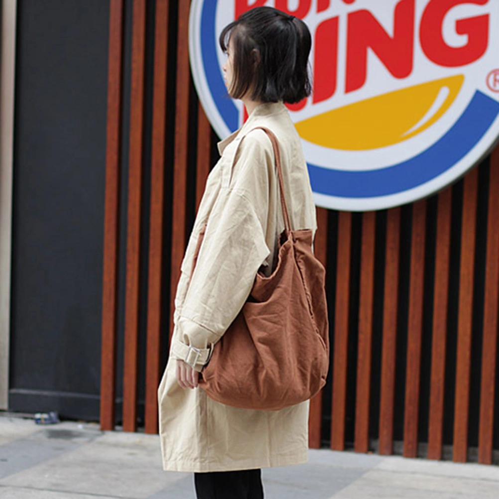 Fashion Pure Color Canvas Bag Large Capacity Literary Shoulder Bag Simple Handbag Casual Shopping Bag (Brown)
