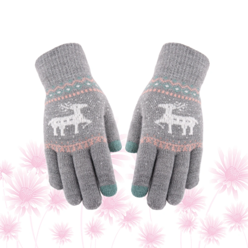 1 Pair of Touch Screen Gloves Elk Pattern Thicken Gloves Winter Warm Finger Gloves Woolen Yarn Mitten Grey