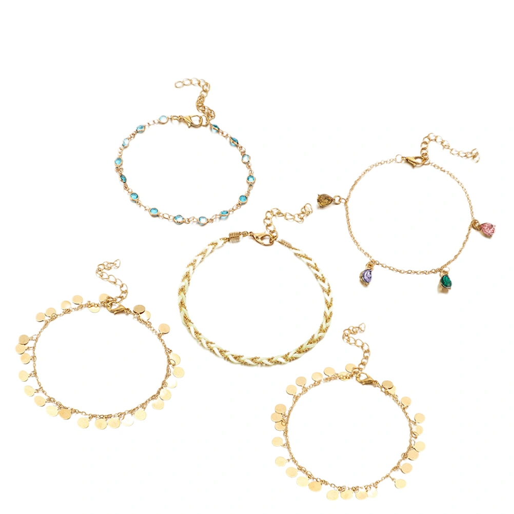 5Pcs Alloy Anklets Rhinestone Ankle Chain Delicate Ankle Jewelry Foot Chain Ankle Chain Golden