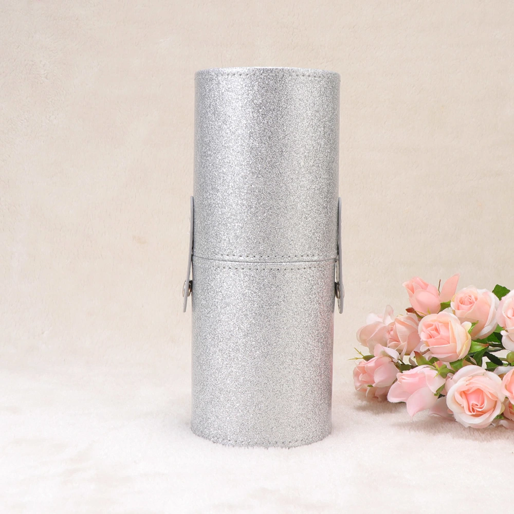 Cosmetics Brush Storage Bucket PU Storage Holder Makeup Brush Dustproof Storage Box (Star Series-Large Size Flash Silver)