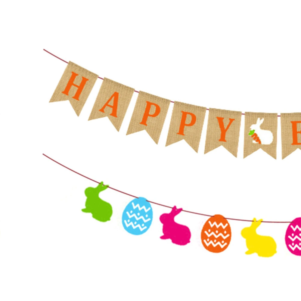 2 Sets Letter HAPPY EASTER Printing Swallowtail Banner Colorful Easter Egg Garland Rabbit Bunting Linen Flag Party Supplies for Easter Party Decorations(1 Set Linen Flag and 1 Set Rabbit Bunting)