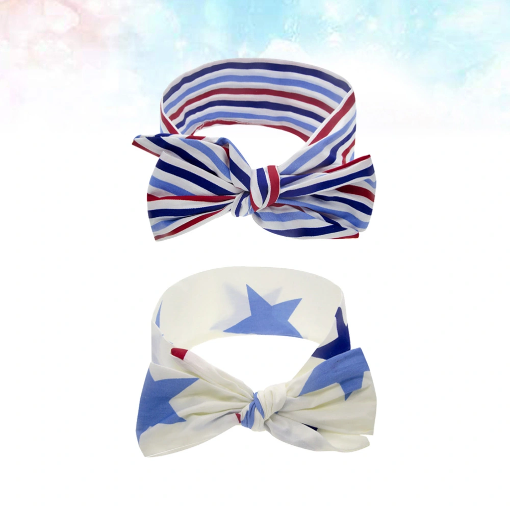 2pcs American Independence Day Star Stripes Pattern Headband Elastic Hair Band Hair Ties Fabric Printed Head Wrap Headdress Hair Accessories for Baby and Girls (1* Striped + 1* Five-star Pattern)