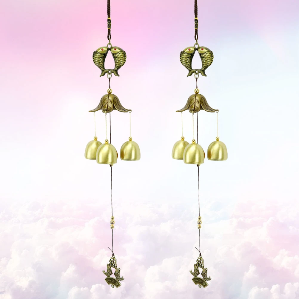 2pcs Festival Decoration Retro Double Fish Wind Chime Fortune Bell Home Car Hanging Decor for Scenic Spot Home (Monolayer Double Fish)