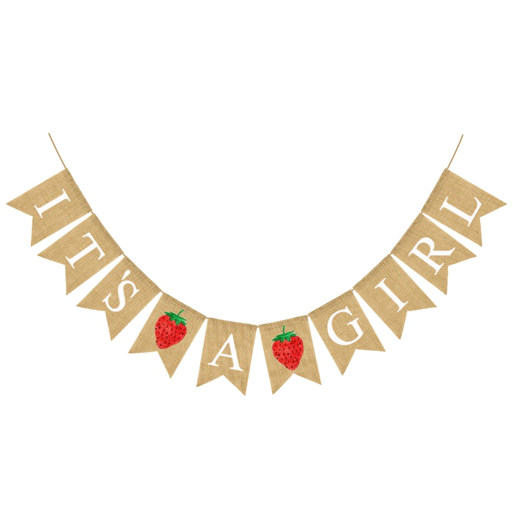 Strawberry and Letter Printing Linen Banner Swallowtail Bunting Burlap Flag Baby Shower Hanging Garland Birthday Party Decoration Layout Supplies