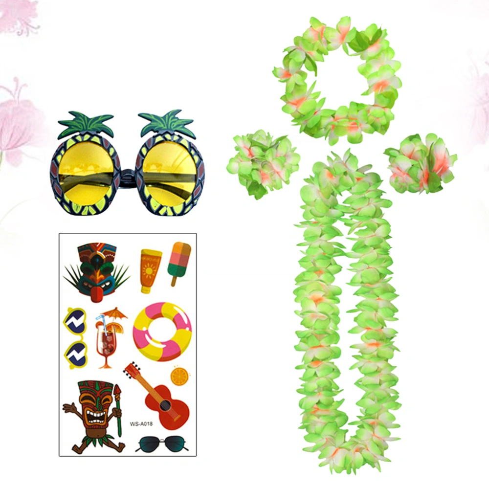 6pcs in 1 Set Green Classic Hawaiian Leis Artificial Flower Headband Lifelike Neck Loop Bracelet Set Pineapple Eyeglasses and Tattoos Stickers Set Simulate Tropical Beach Party Garland Luau Party Fancy Supplies