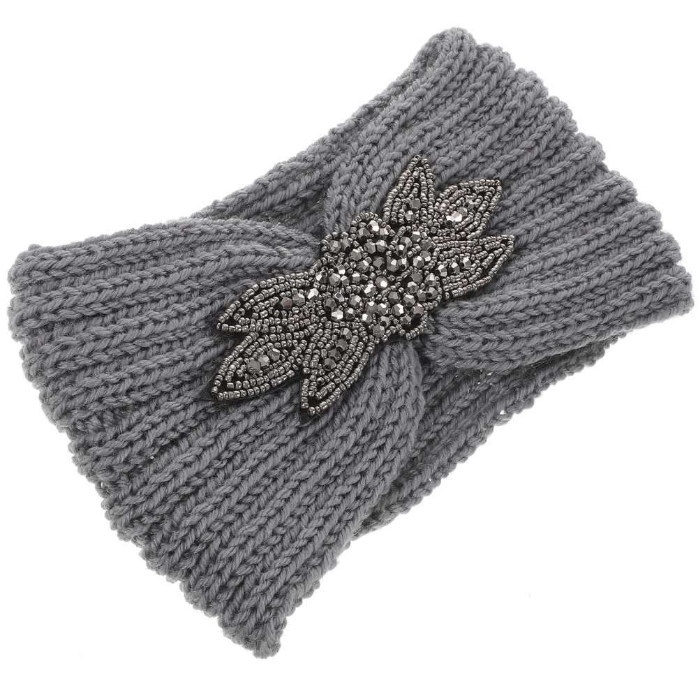 Knitted Headband Woolen Yarn Hair Hoops Winter Warm Hair Band Flower Pattern Headdress Minimalist Headwrap Light Grey