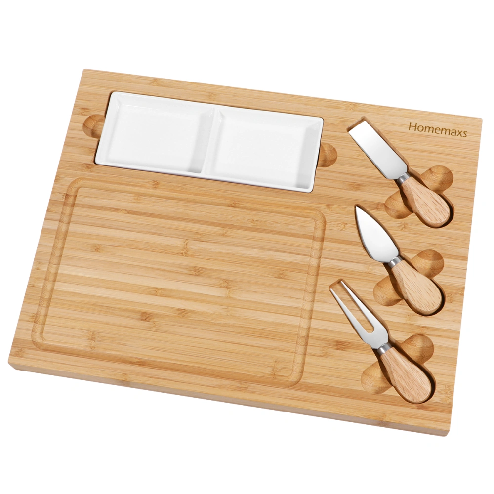 HOMEMAXS Cheese Board with Cutlery Ceramic Plate Set Charcuterie Platter Serving Tray Wooden Server for Wine Crackers Brie and Meat 39x30x4 cm (Wood Color)