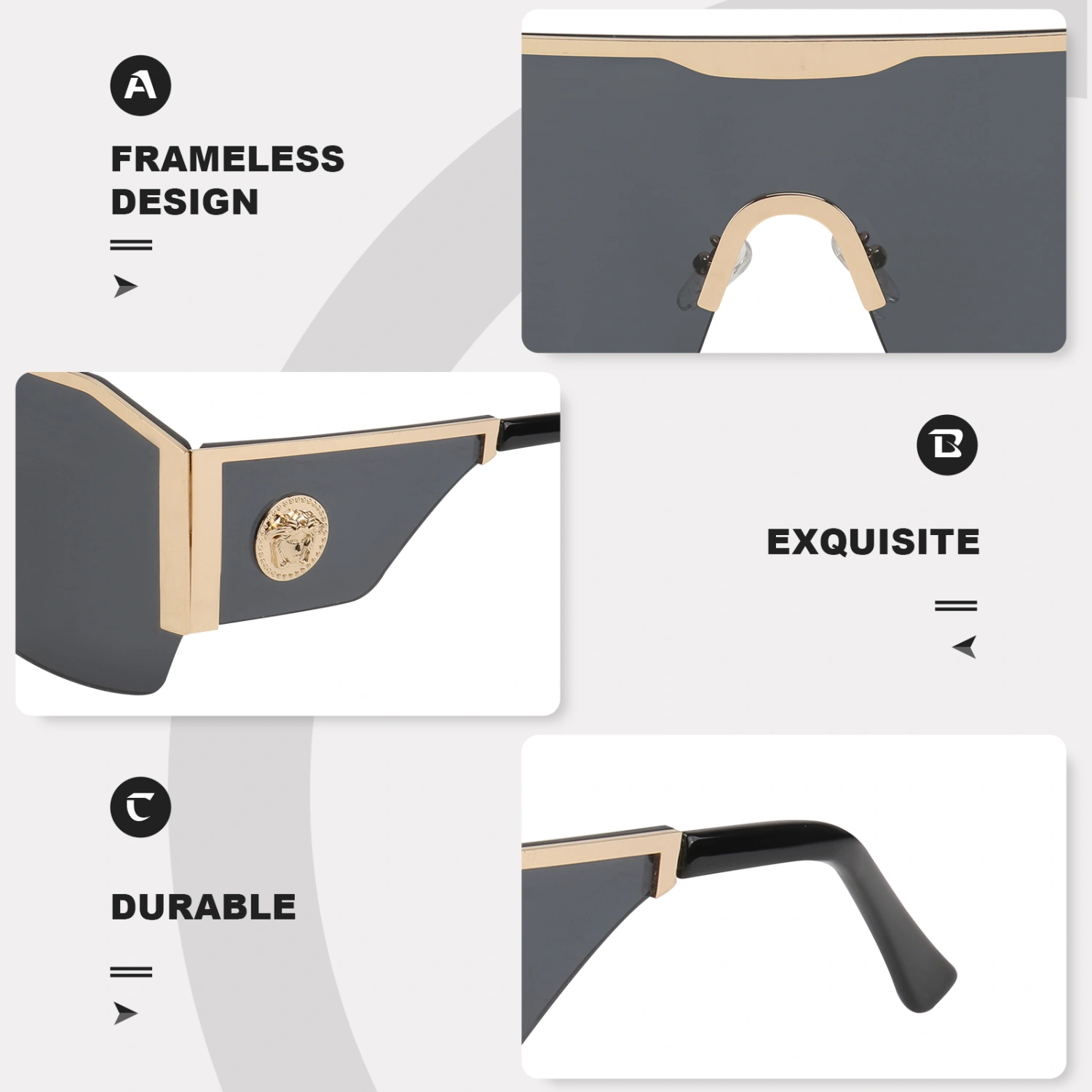 1 Pair of Conjoined Lenses Sunglasses Rimless Eyeglasses Male Eyewear Prop