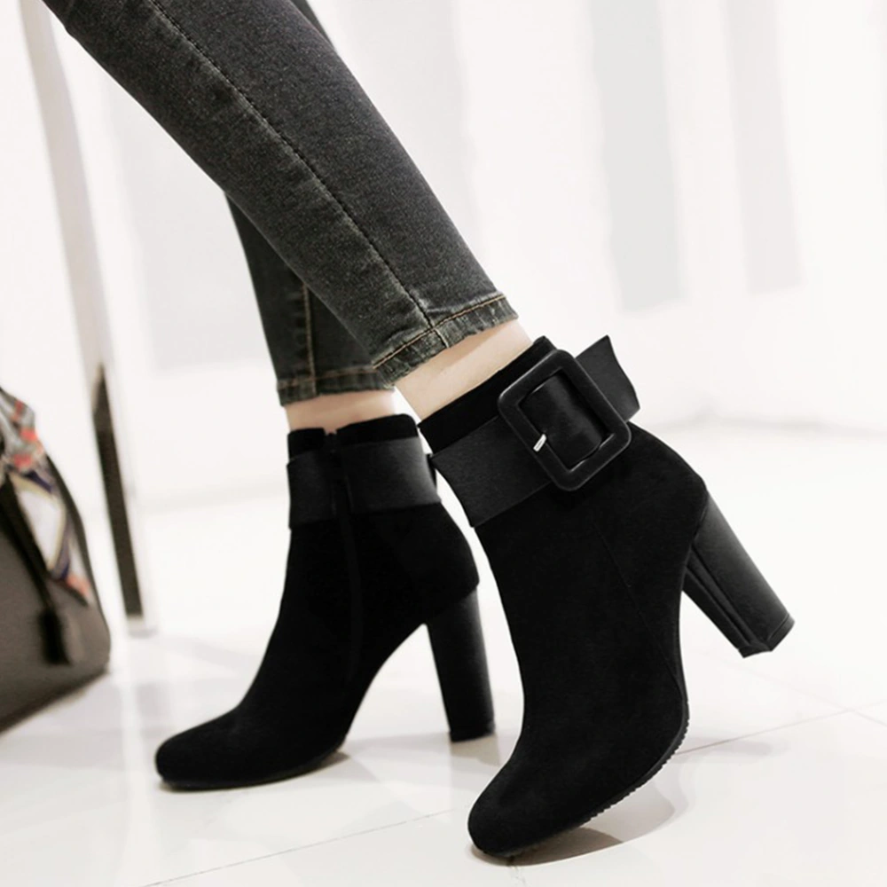 Chic Women Pointed High Heel Chunky Heel Shoes Winter Fall Short Boots (Size 40)