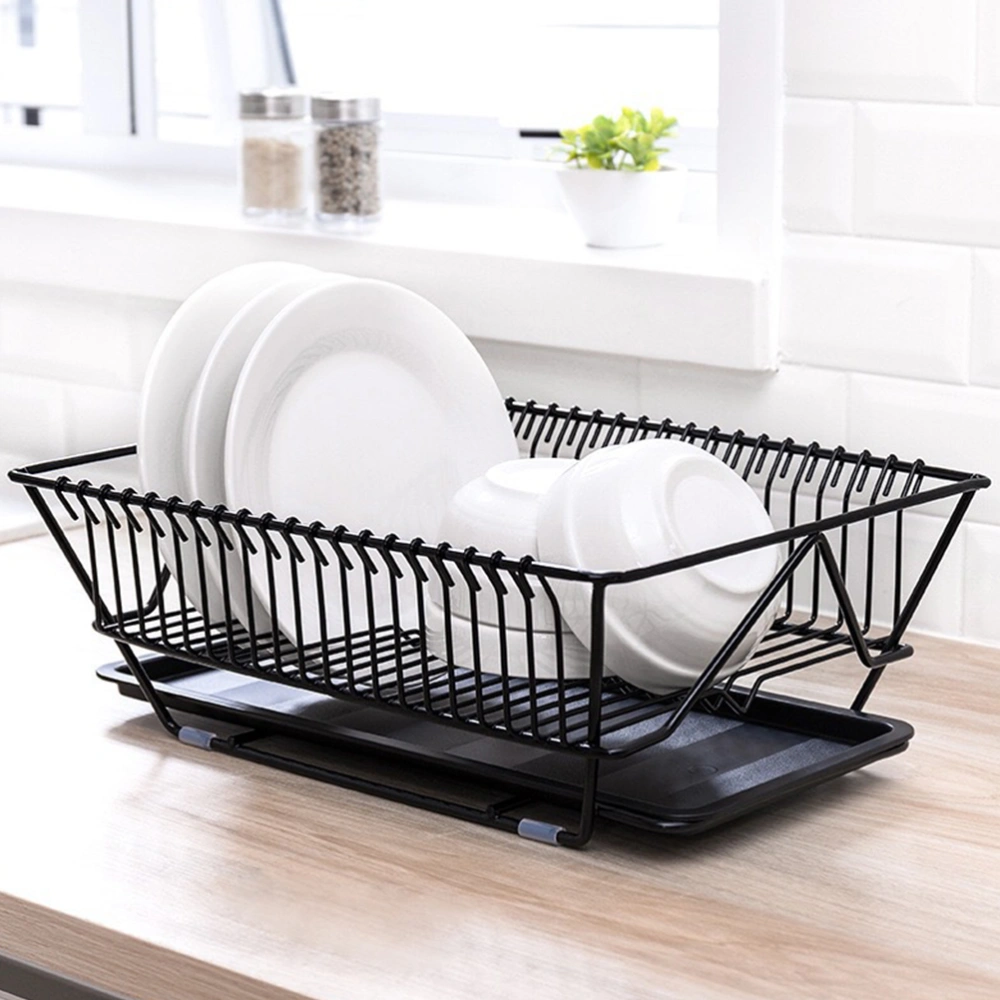 Multifunctional Draining Dish Rack Single Layer Iron Storage Rack Household Disc Storage Holder with Bottom Plate (Black)