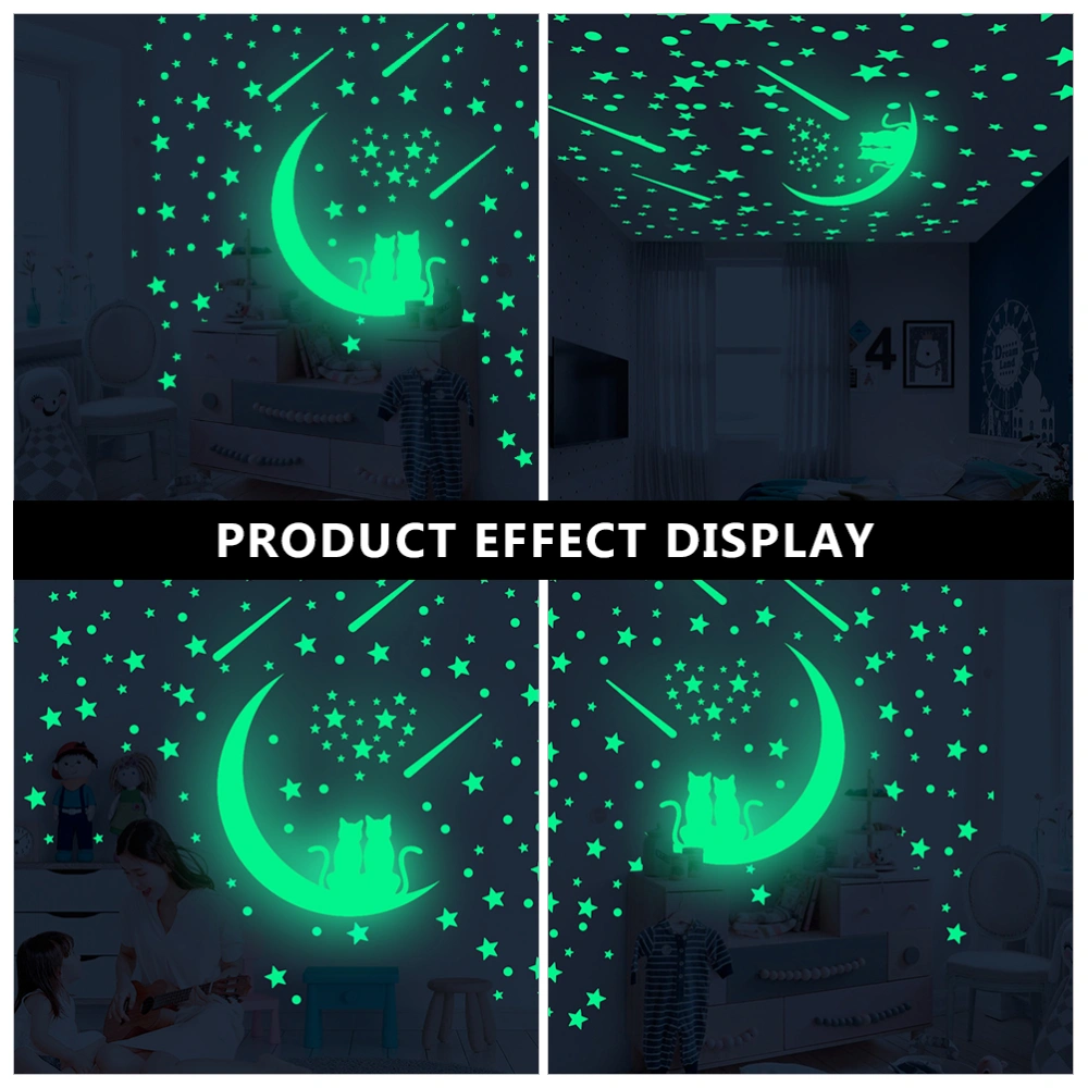 1 Set 140pcs Couple Cat Star Meteor Round Dot Moon Glow in Dark Stickers (Green)