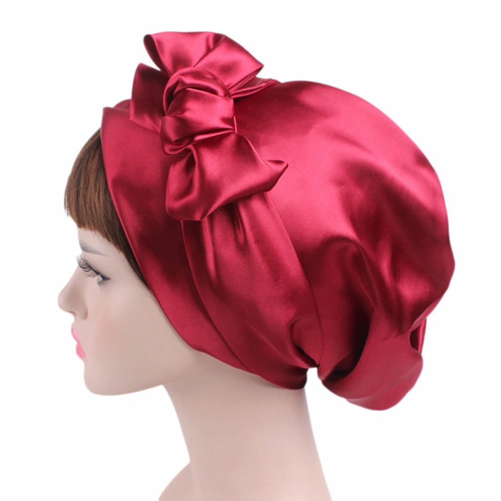 1PC Satin Ribbon Bowknot Nightcap Sleeping Chemotherapy for Women Lady (Wine Red)