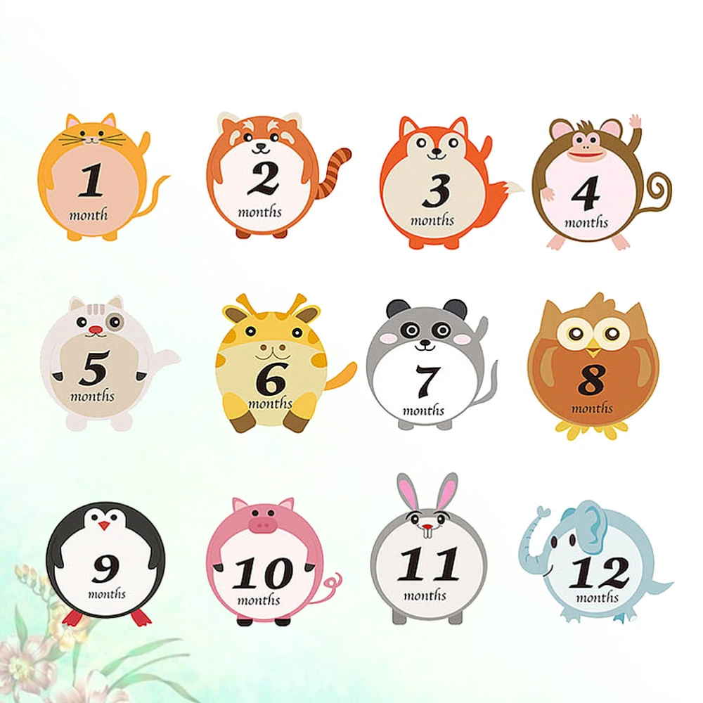 12pcs Cartoon Animal Baby Month Decals Infant Photo Sticker Adorable Baby Month Sticker (1 Set/12pcs)