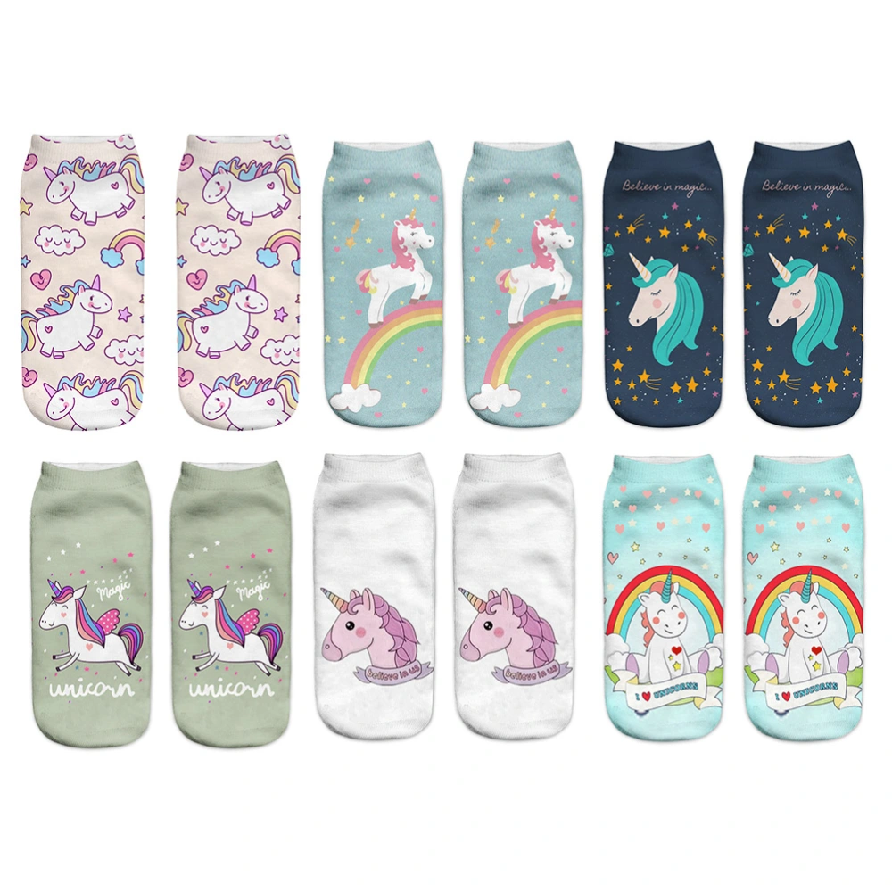 6 Pairs Fashion Unicorn Pattern Short Socks Creative Printing Socks Stylish Ankle Socks Cartoon Low Cut Socks for Women Lady