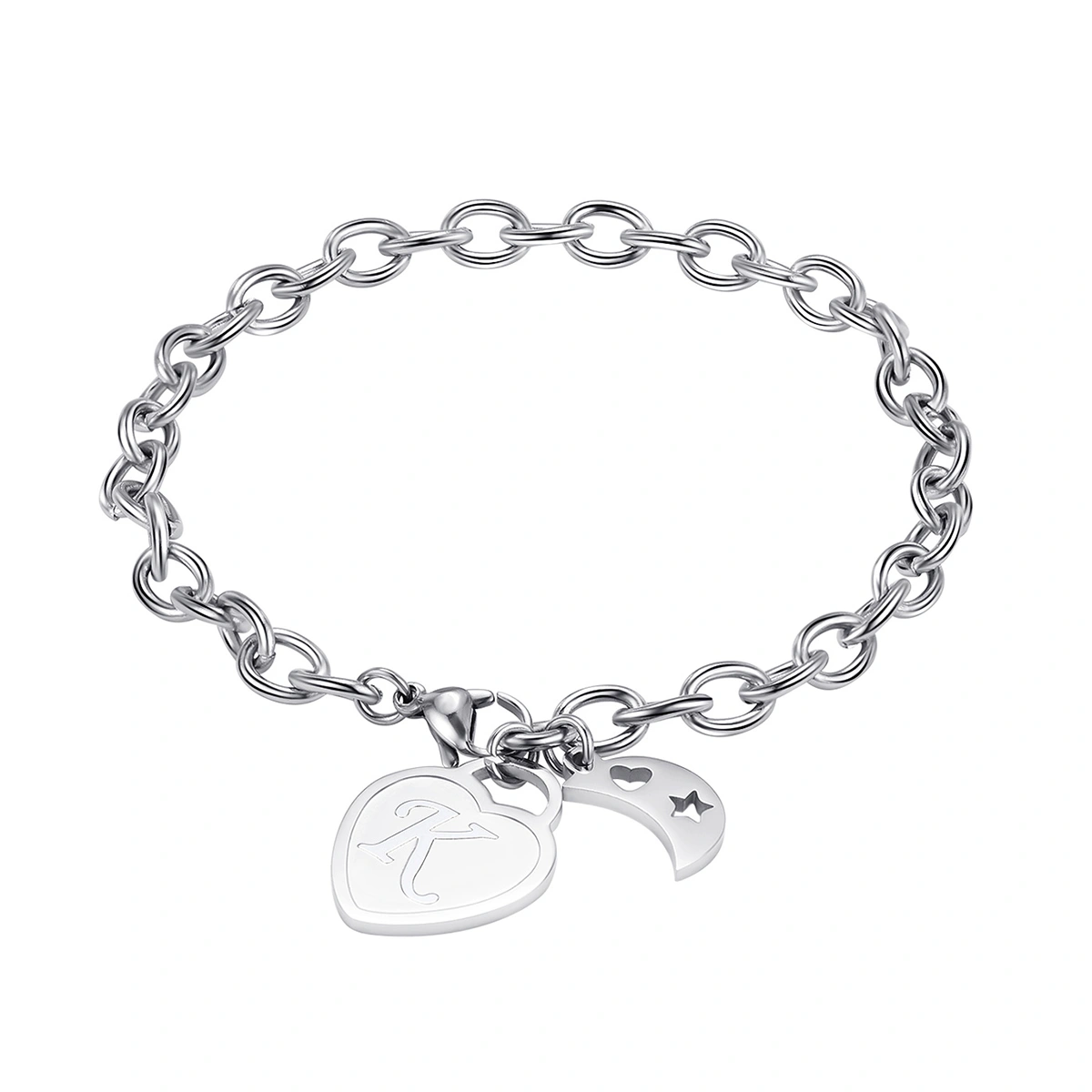 1PC Bracelet 26 Letters Moon Heart Charm Stainless Steel Bracelet Gifts for Women Men (Alphabet K)
