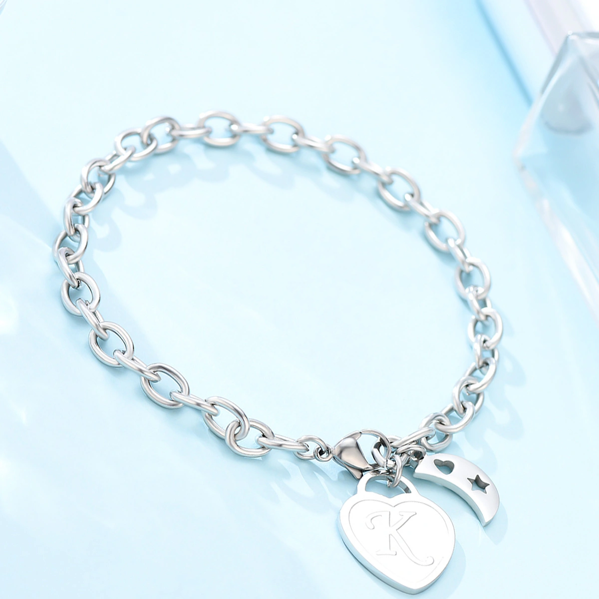 1PC Bracelet 26 Letters Moon Heart Charm Stainless Steel Bracelet Gifts for Women Men (Alphabet K)