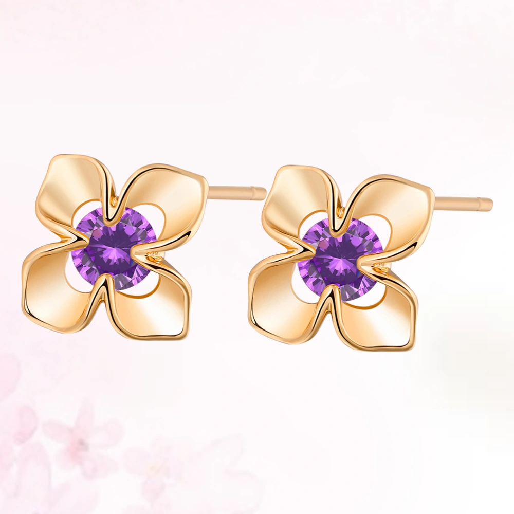 1 Pair Women Zircon Earrings Micro-inlay Irregular Flower Shape Diamond Ear Rings Jewelry Decor Gift for Girl Lady (Purple)