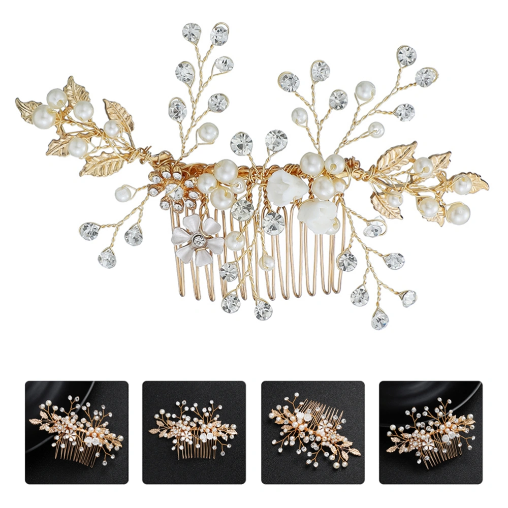 1pc Handmade Pearl Bride Hair Comb Rhinestone Alloy Flower Headdress (Golden)