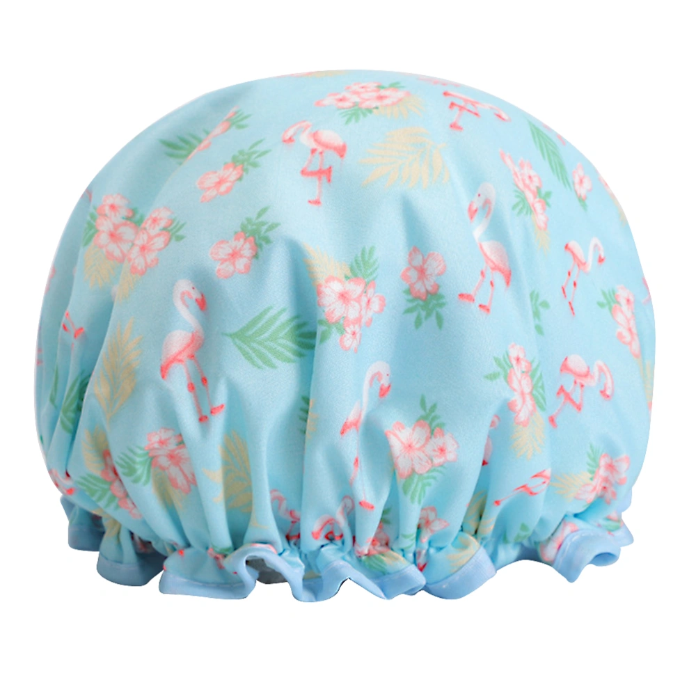 Printed Bath Headdress Cartoon Double Layer Shower Hat Waterproof Shower Oliproof Kitchen (Blue Flamingo)