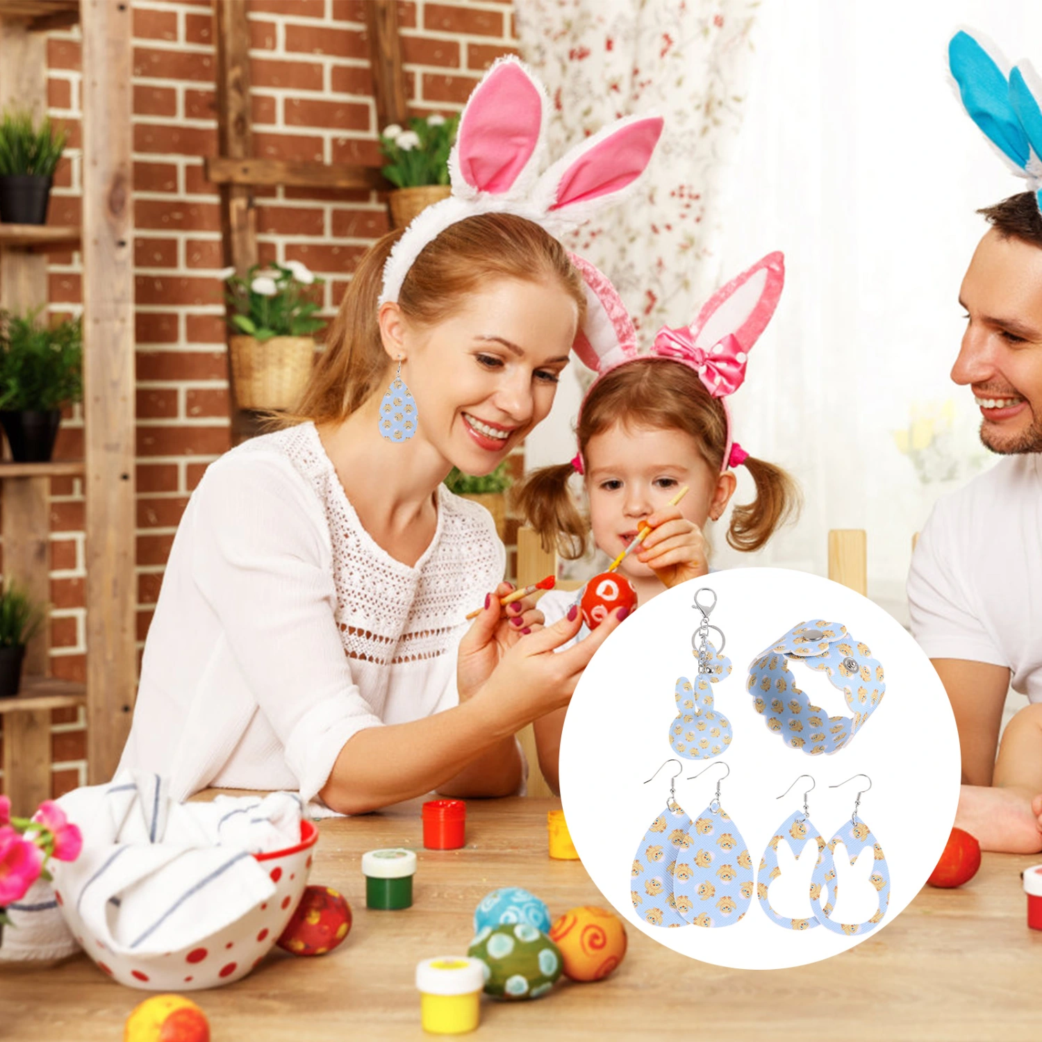 2 Pairs Easter Party Earrings with Key Chain and Bracelet Women Jewelry Set