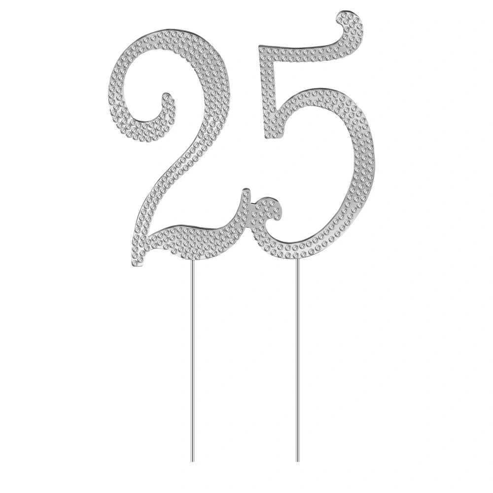 OULII Birthday Number 25 Cake Topper Anniversary Crystal Cupcake Topper for 25th Birthday Party Supplies Premium Bling Cake Decor for 25th Birthday Party Supplies (Silver)