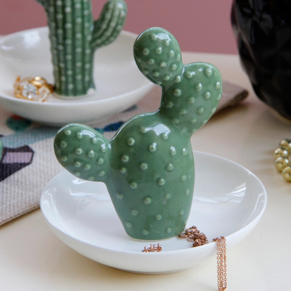 Ceramic Cactus Jewelry Tray Holder Simple Ring Earring Dish Plate Desktop Ornament for Bracelet Necklace Decoration (Fat Cactus)