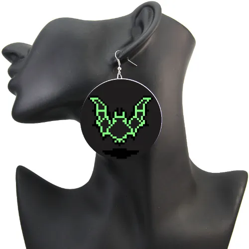 Spectral Green Ghost Bat Halloween Earrings 8-bit lofi Pixel Art