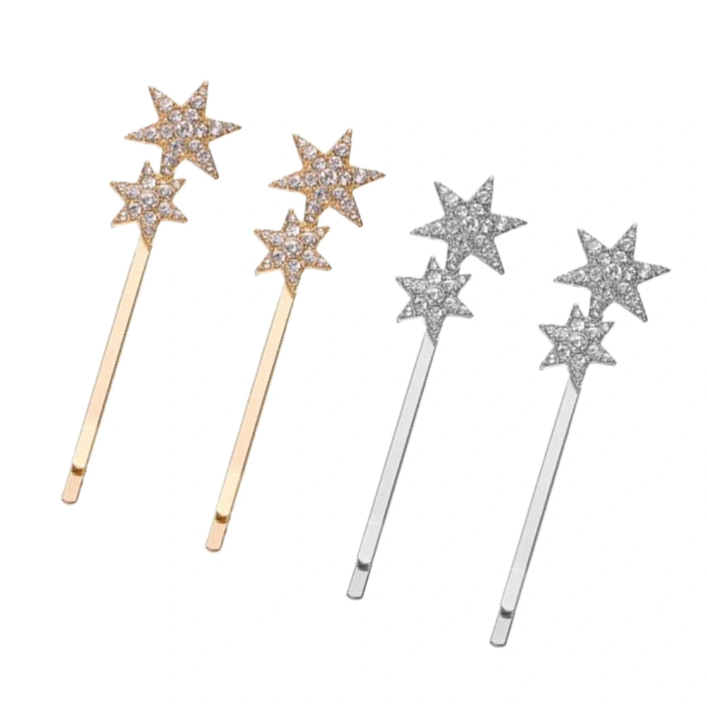 4pcs Hair Clips Alloy Rhinestone Inlaid Pentagram Barrettes Bobby Hairpins for Girls (Golden and Silver for Each 2pcs)