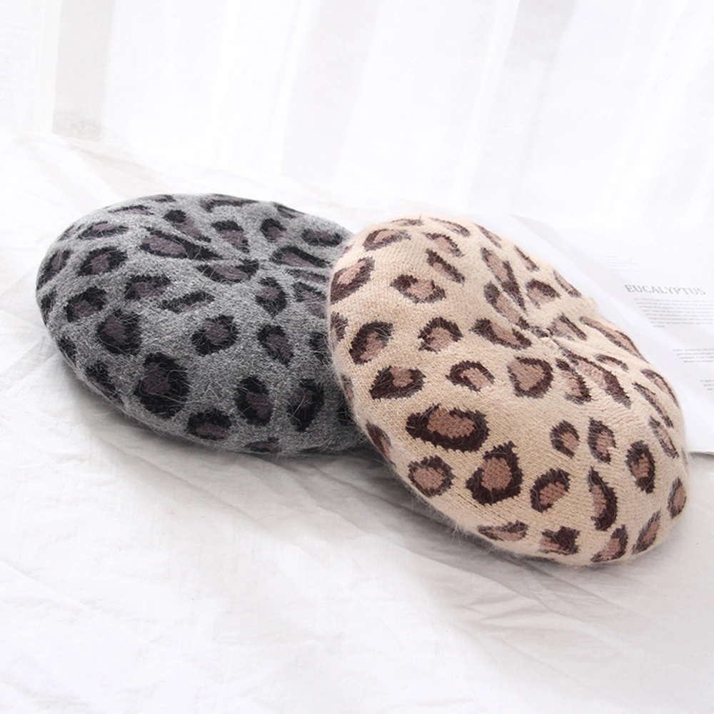 Vintage Leopard Berets Rabbit Hair Hat Women Casual Beanie for Autumn Winter (Khaki)