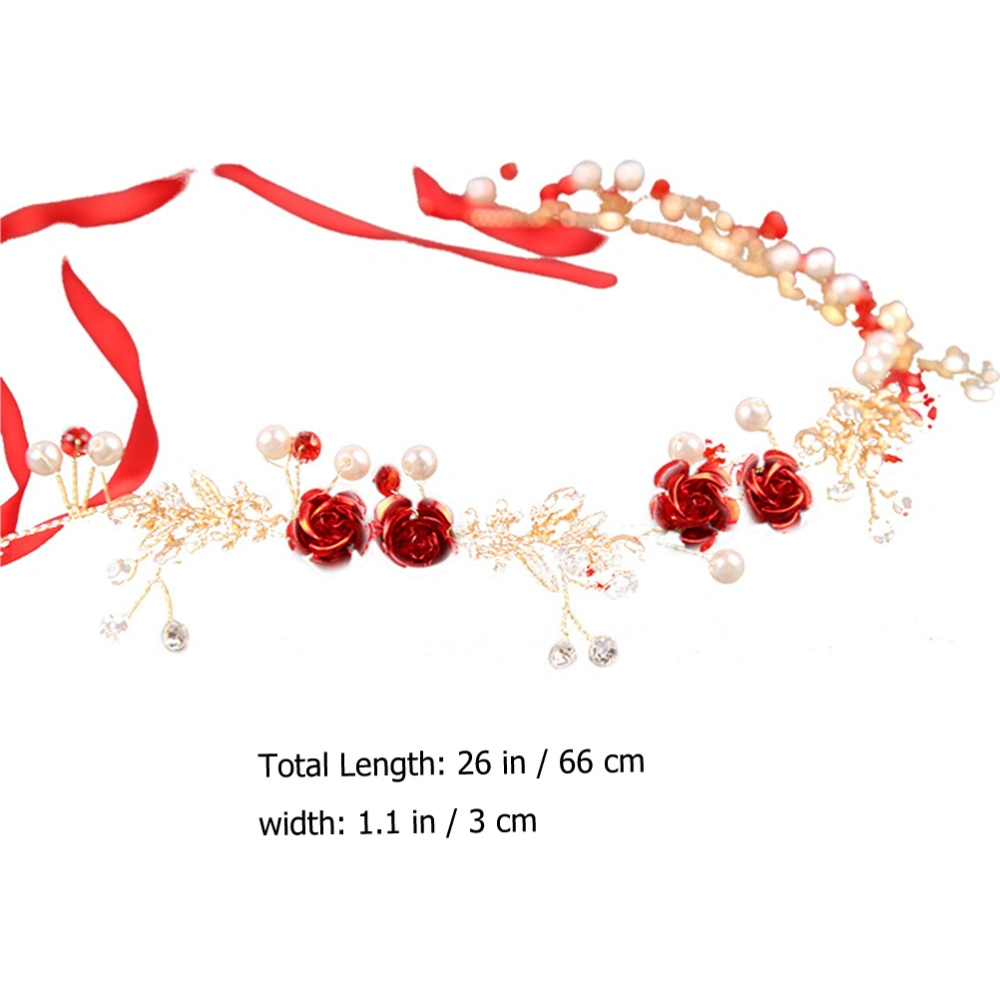 Red Headband Pearl Rhinestone Flower Headband Headpiece for Wedding Banquet Prom