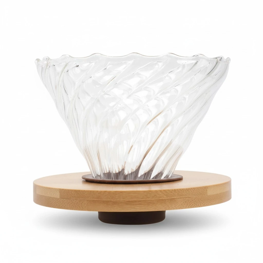 Stylish V-type Coffee Cup High Temperature Resistance Handmade Glass Filter Coffee Cup Wooden Tray for Home Office (No Handle)