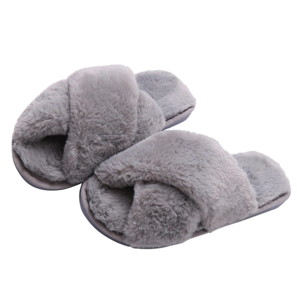 1 Pair Plush Coral Slippers Winter Indoor Slippers for Women Girls Ladies (Grey, Size 36-37)