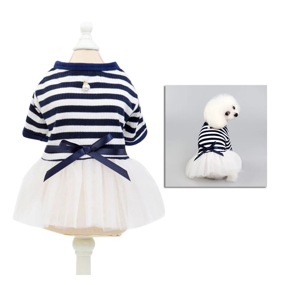 Fashion Stripe Gauzy Skirt Cotton Pet Clothes Dress Pet Supplies Navy Blue Size S