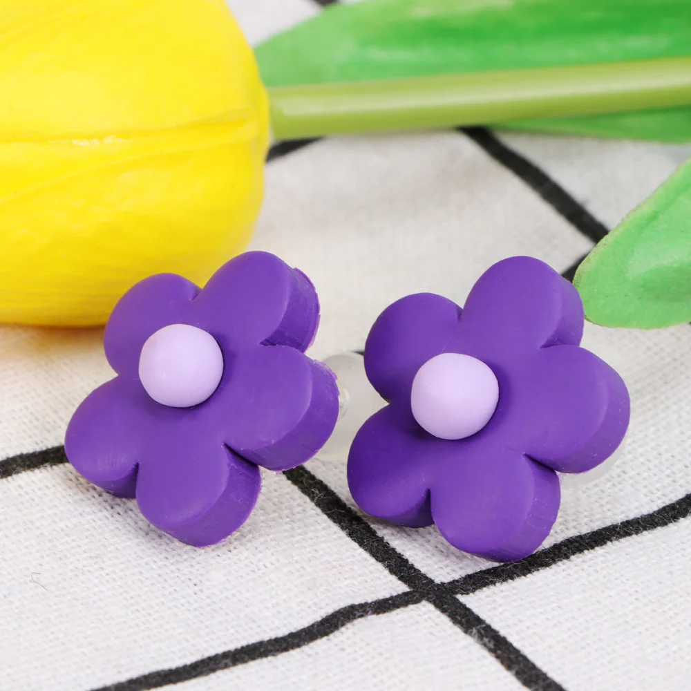 Flower Ear Studs Polymer Clay Funny All-Match Colorful Jewelry Decorative Earring for Woman (Silver Tips Purple)