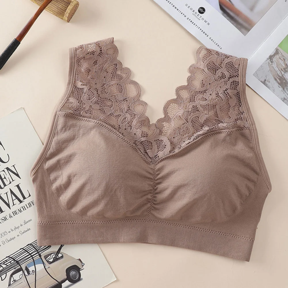 1Pc Women Sponge Padded Lace Bralette Bra Crop Sexy Strap Bandeau Tube Bra Vest for Women Girls （Khaki）