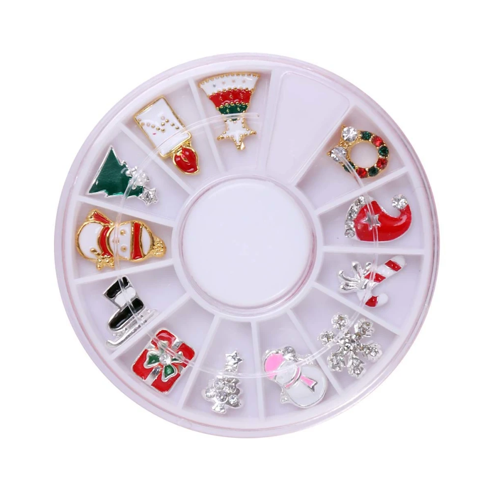 12pcs Christmas Themed 3D Nail Art Decor Accessories Nail Tips Wheel in One Round Disc for Women Girls