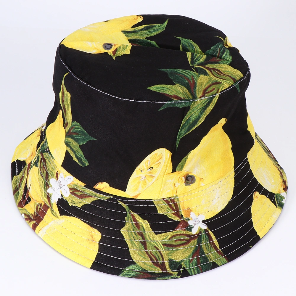 1pc Summer Outdoor Bucket Hat Double-sided Wear Fisherman Hat Lemon Printed Bucket Sun Hat (Black)