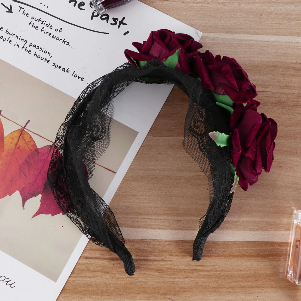 Vintage Lace Rose Headband Hair Elegant Headdress Dress-up Accessory for Woman Girl (Wine Red)