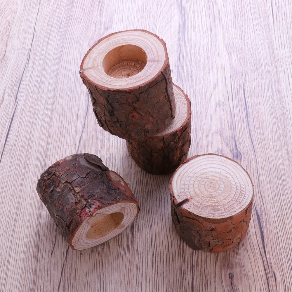 4Pcs 7x7x7cm Stump Shaped Candle Holder Rustic Style Candlestick Wooden Candlestick Decoration