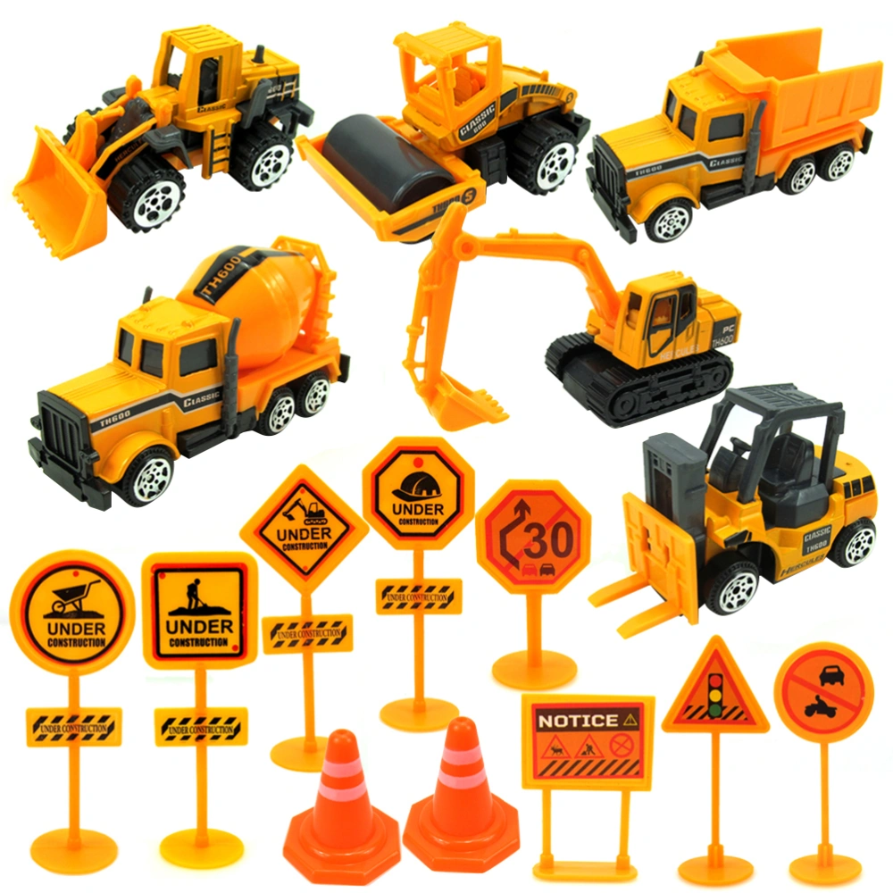 16pcs Children Simulation Construction Vehicle Toy Alloy Decoration Truck Models Toys Metal Toy Children's Educational Toy Set with  Road Sign Model