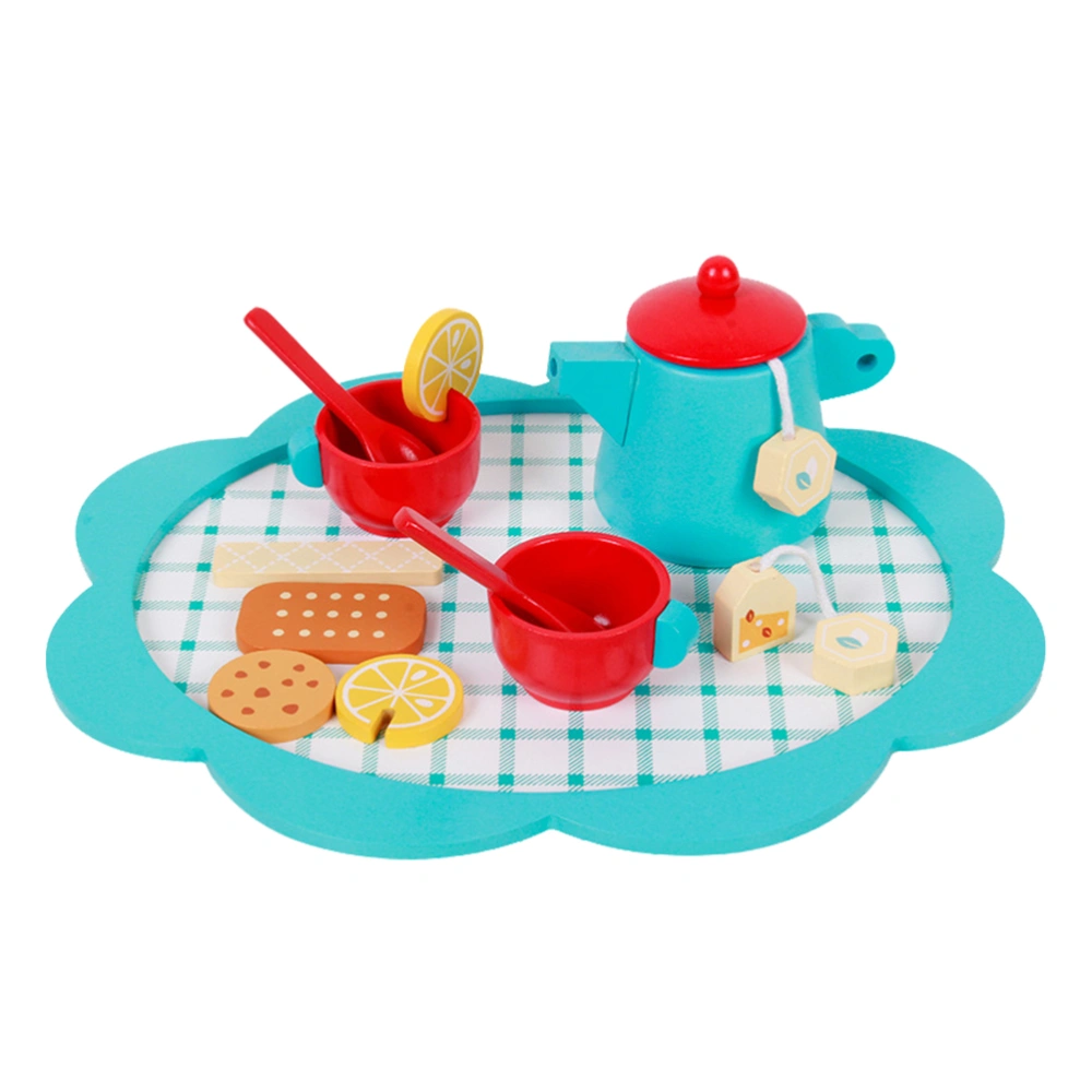 1 Set Wooden Afternoon Tea Toys Simulated Play House Tea Sets Playthings (Blue)