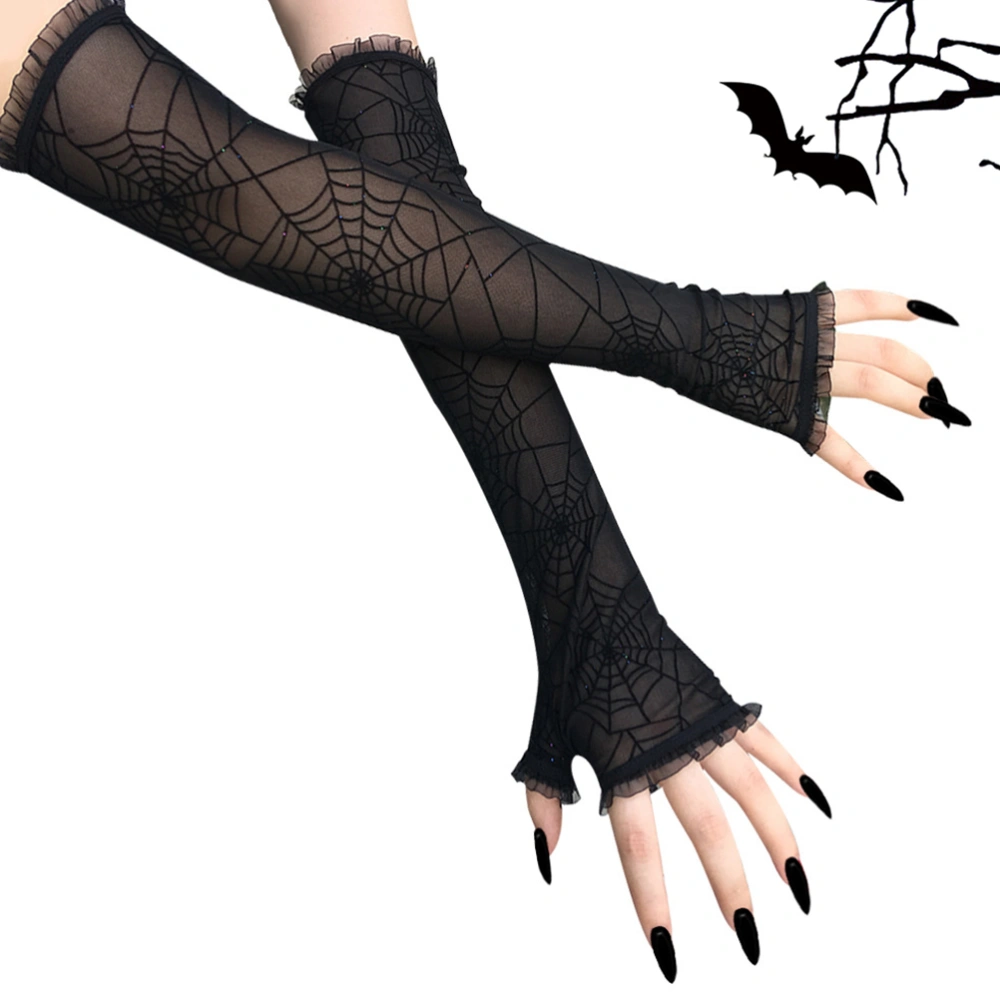 1 Pair of Spider Web Pattern Gloves Cosplay Performance Gloves Half-Finger Mesh Gloves Black