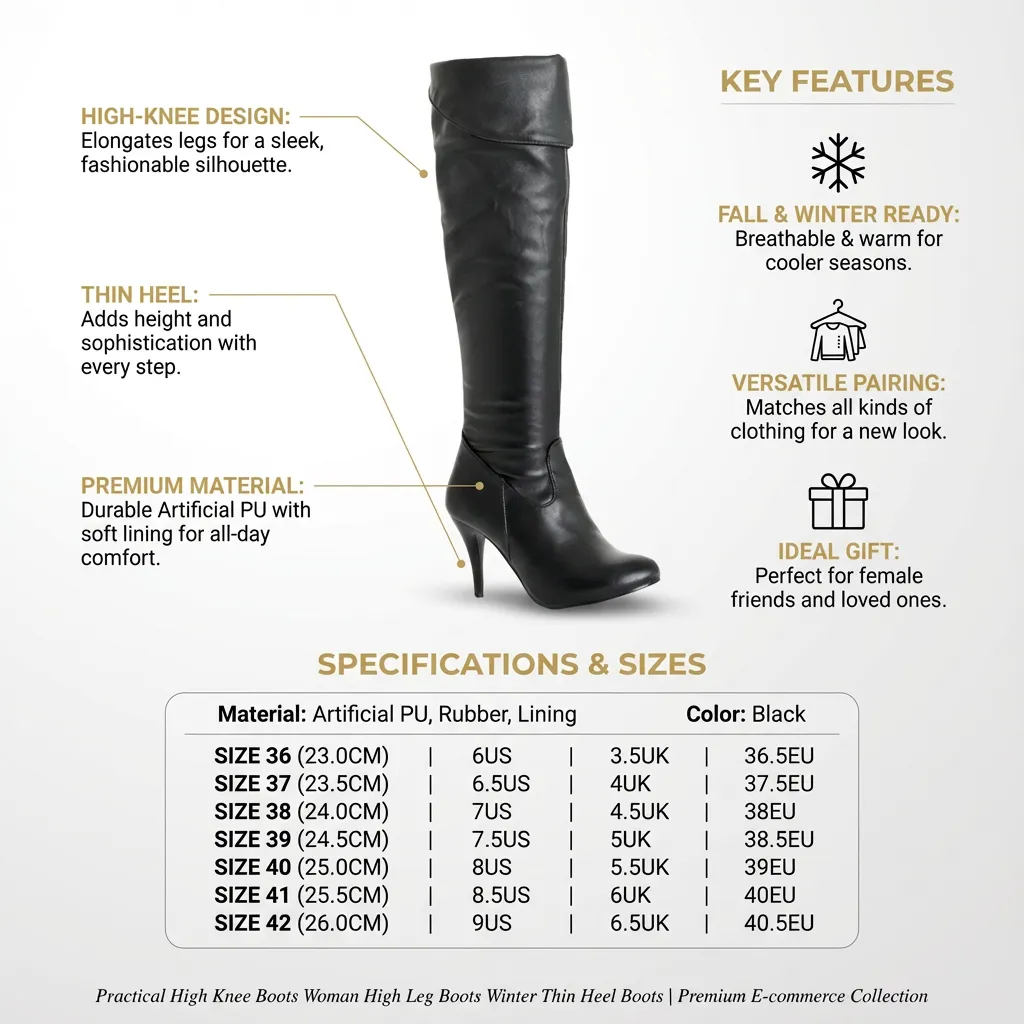1 Pair Practical High Knee Boots Woman High Leg Boots Winter Thin Heel Boots