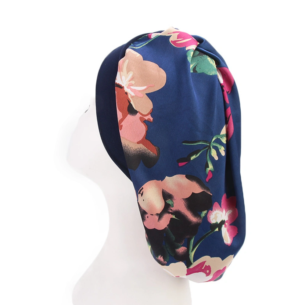 1PC Imitated Silk Head Wraped Printed Chemotherapy Nightcap for Women (Sapphire Blue Printing)